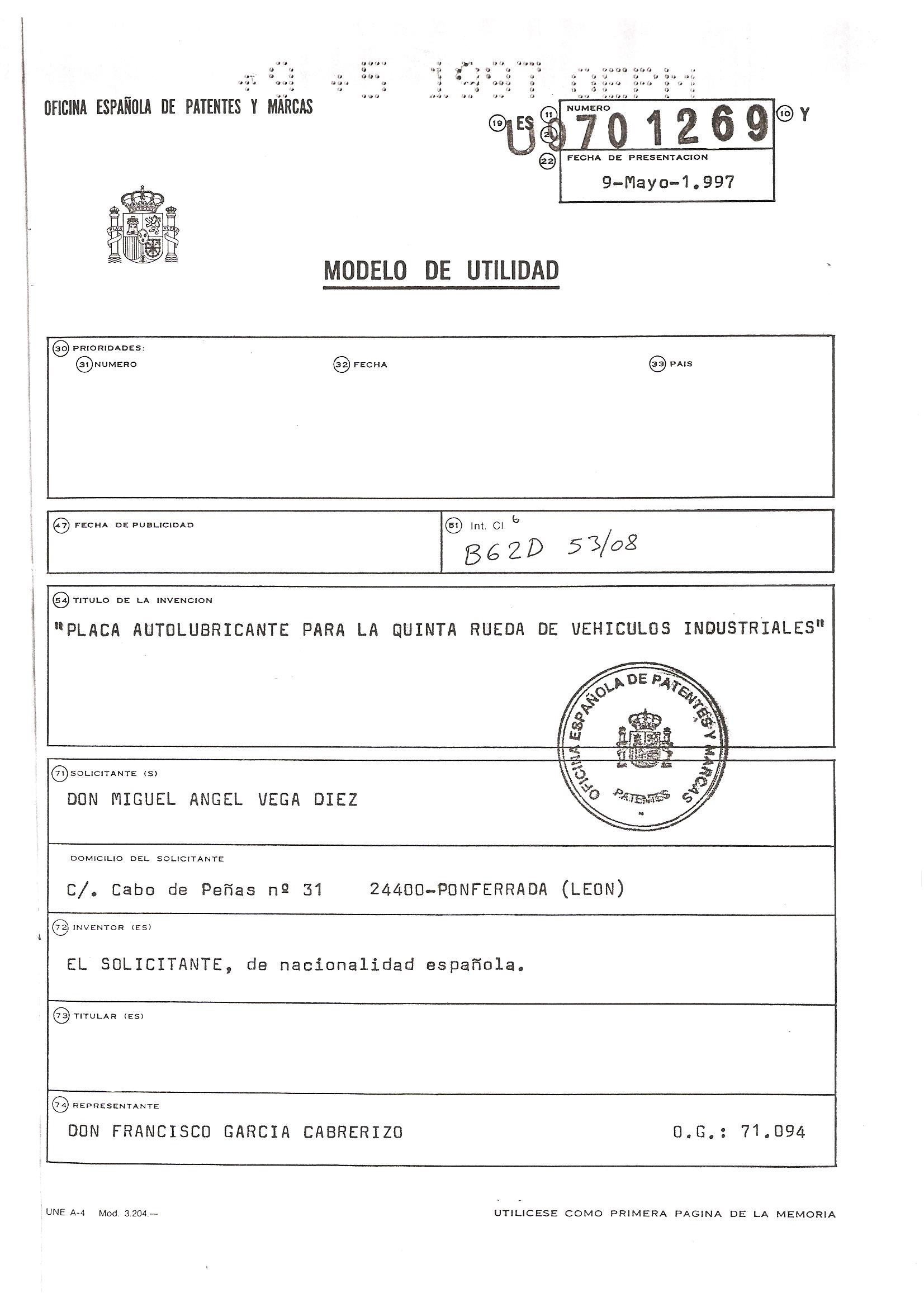 Patente placa autolubricante 5ª Rueda con taladros